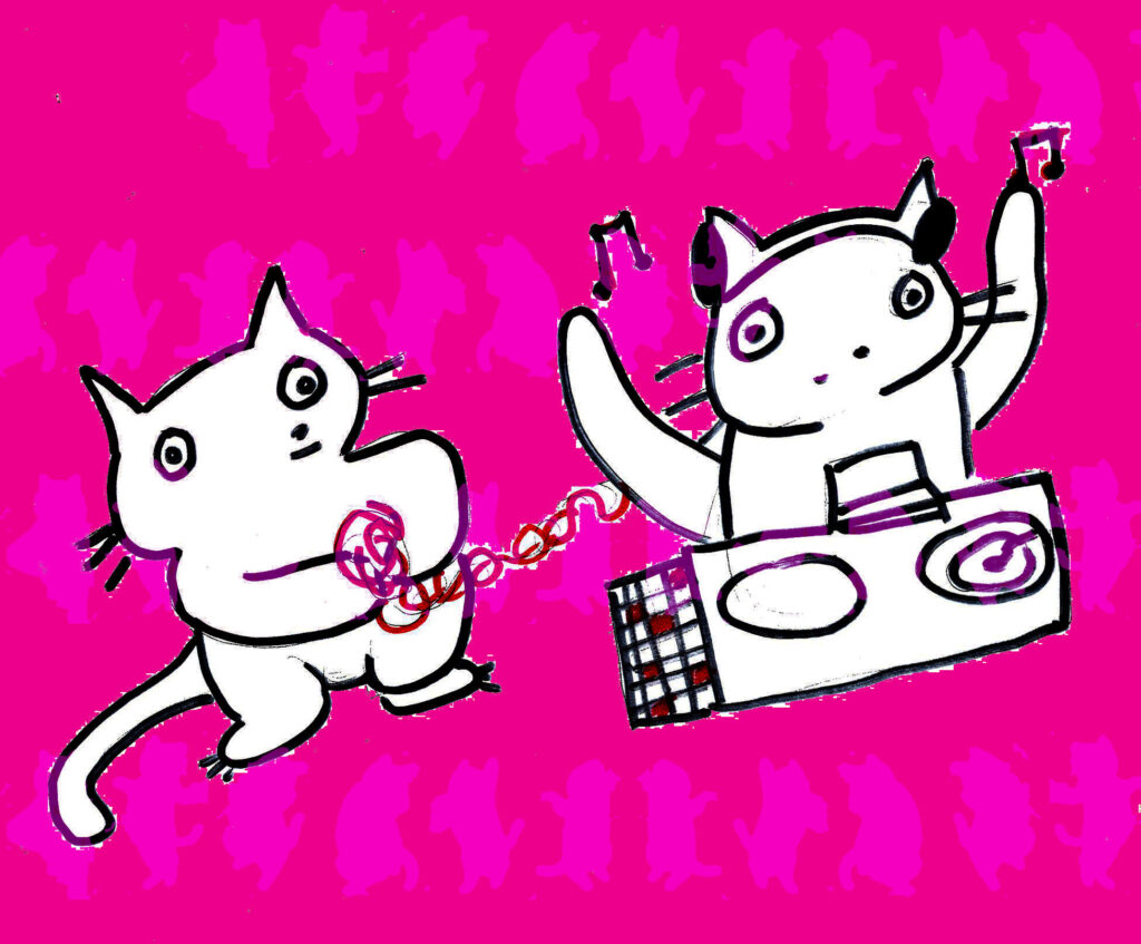 ID: A digital drawing of two cartoon-style cats on a hot pink background. One cat is DJing with headphones and turntables, while the other stims with some pink yarn. Musical notes float above them, and the background features repeating silhouettes of dancing cats.