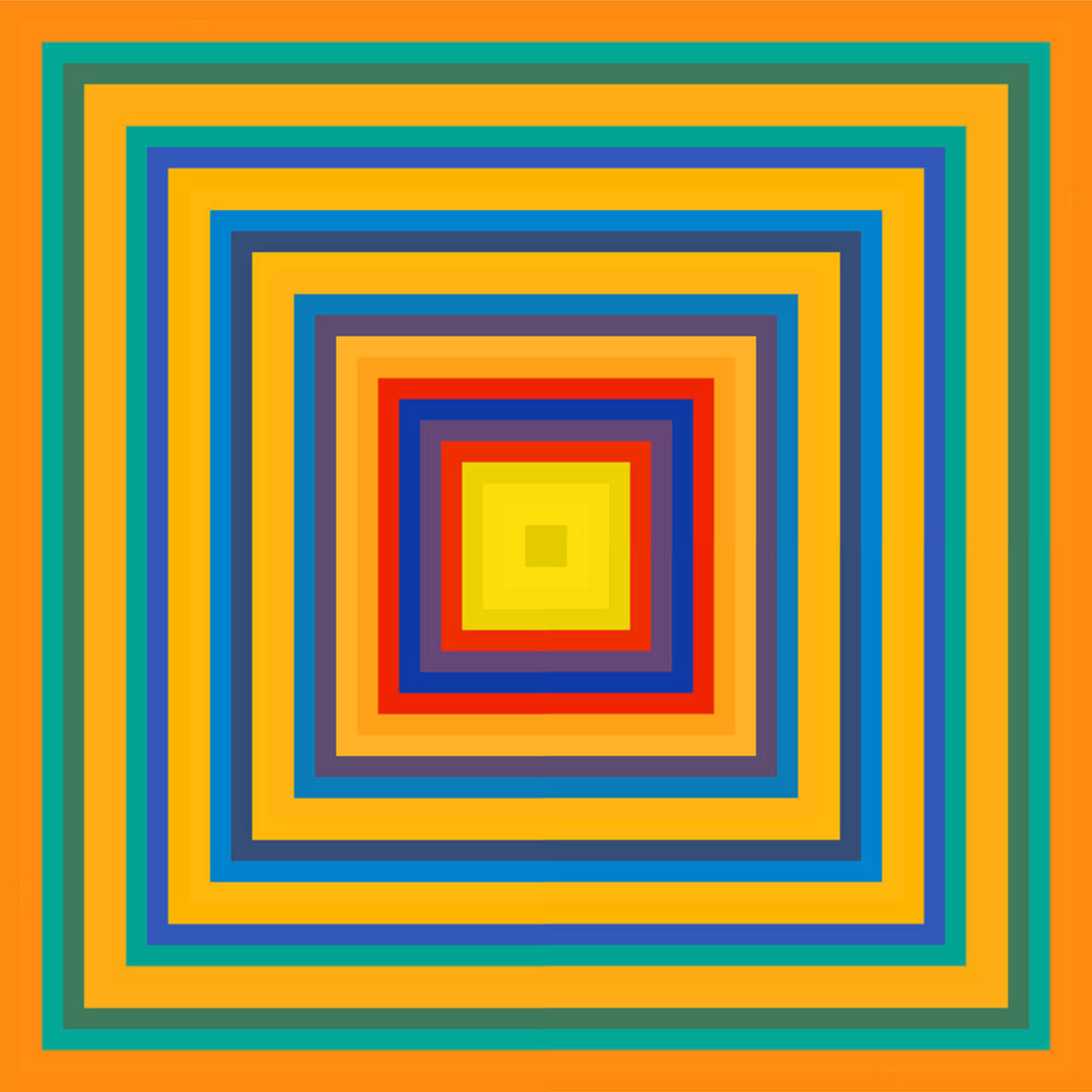 Concentric squares of colour radiate outward from the centre in smooth, rhythmic layers. The palette moves through a spectrum of yellows—soft lemon, amber, gold, ochre, and orange—each hue shifting subtly into the next.