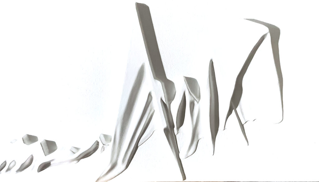 A hand-refined relief carved white on white. It is a natural white color with a natural and subtle wood texture. There are white jagged lines creating peaks across the image.The lines start small with the highest peak in the center.